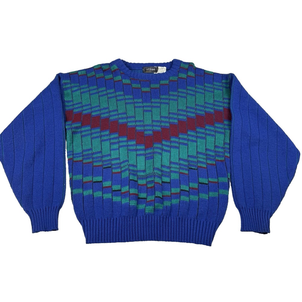 VTG USA Made Atlas Geometric Sweater Men's Size‎ Large Grandpa Dadcore Knit 90s